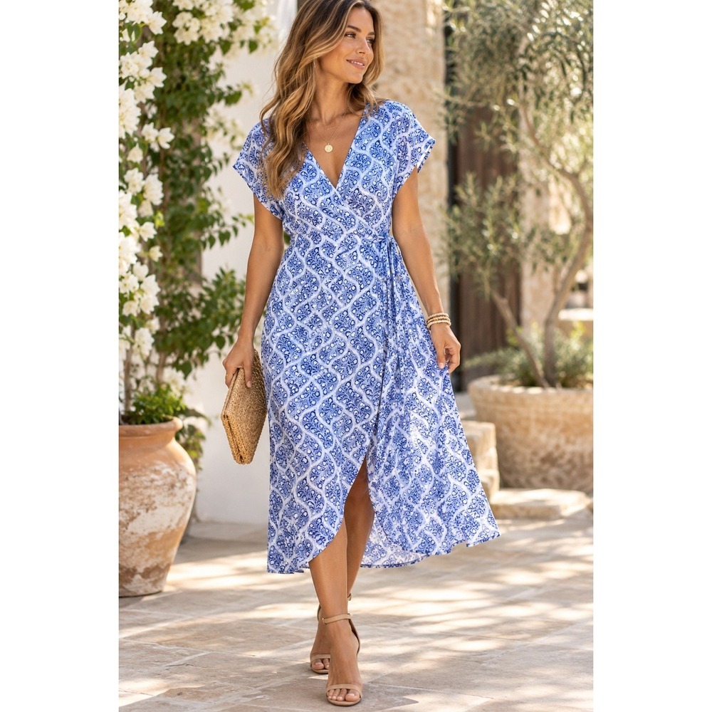 Nordstrom Signature Silk Blue White Cranney Print Faux Wrap Midi Dress SZ 10 NEW